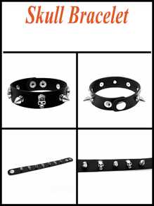 Punk Spiked Studded Bracelets Punk Leather Rivets Bracelet Cuff For Men Women Punk Rock Studded Bracelet Set, Black Leather Rivet Punk Bracelet Cuff Wrap Bangle Snap Button Metal Wristband & Gifts - Black - View 6