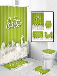 1/4pcs Colorful Rabbit, Egg, Happy Letter, Floral Print On Green Background, Easter Elements Waterproof Shower Curtain Set With 12 Hooks, Waterproof Polyester Fabric, Machine Washable, Rustproof Grommets Top, Unlined Woven Shower Curtain, Suitable For Bathroom Decor, Home Decor Bathroom Accessories
