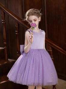 Vestido morado corto para niña preadolescente, vestido de fiesta mini con decoración de lazo y falda esponjosa de tul para cumpleaños y ocasiones especiales - Morado - Ver 3