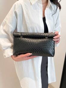 1 chiếc túi xách thời trang màu trơn, chất liệu PU, dung tích lớn, nắp gập có khóa nam châm, hình vuông, họa tiết da cá sấu, túi xách nữ đa năng dùng cho tiệc tùng, buổi tối, phù hợp cho phụ nữ đi du lịch và mua sắm. - màu đen - Xem 7