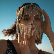 1pc Elegant Tassel Rhinestone Face Mask, Fashion Rhinestone Face Veil Headdress For Halloween Costume Party - A - View 2