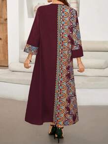 Women's Vintage Floral Print Patchwork V-Neck Long Robe, Elegant Kaftan Robe For Holiday & Casual Wear, Spring/Summer - Burgundy - View 2