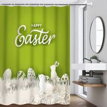 1/4pcs Colorful Rabbit, Egg, Happy Letter, Floral Print On Green Background, Easter Elements Waterproof Shower Curtain Set With 12 Hooks, Waterproof Polyester Fabric, Machine Washable, Rustproof Grommets Top, Unlined Woven Shower Curtain, Suitable For Bathroom Decor, Home Decor Bathroom Accessories