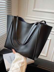 Large Capacity Fashionable Tote Bag, Solid Color Simple And Stylish - Black - View 2