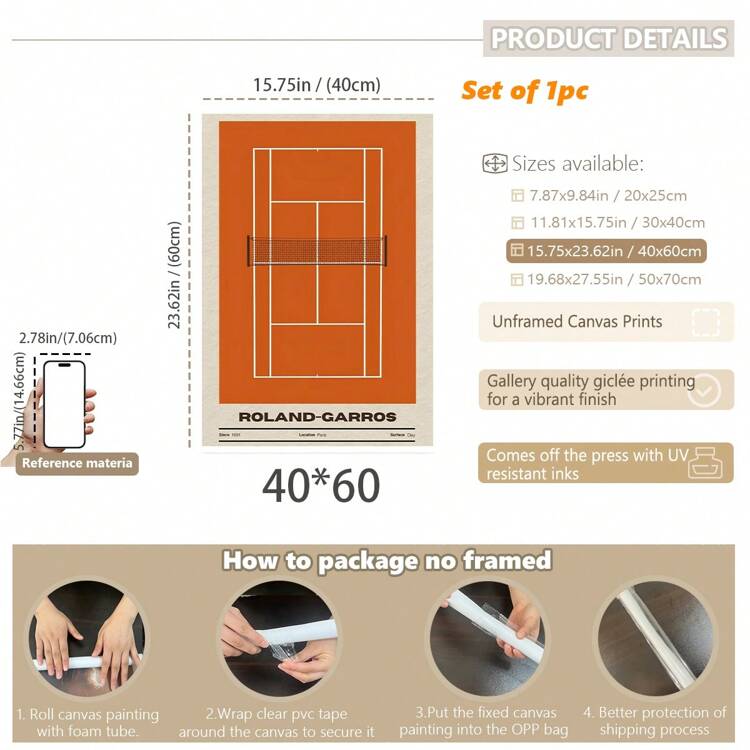 1 pieza, Imagen colgante de lienzo, Enmarcada, Póster, Arte de pared, Impresión artística en lienzo de la cancha de tenis de Roland-Garros - Arte decorativo moderno clásico para colgar en pared en el hogar, oficina, sala de estar, dormitorio, resistente al agua, tema de dibujos animados, primavera-verano - Multicolor - Añade 17