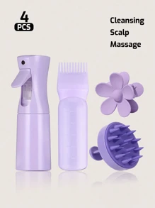 4件套洗发套装，包括：连续喷雾瓶（200毫升）、硅胶头皮按摩器、洗发刷、发根梳涂抹瓶、带花朵发夹的头皮按摩洗发刷、带刻度的染发剂涂抹瓶 - 彩色 - 查看 3