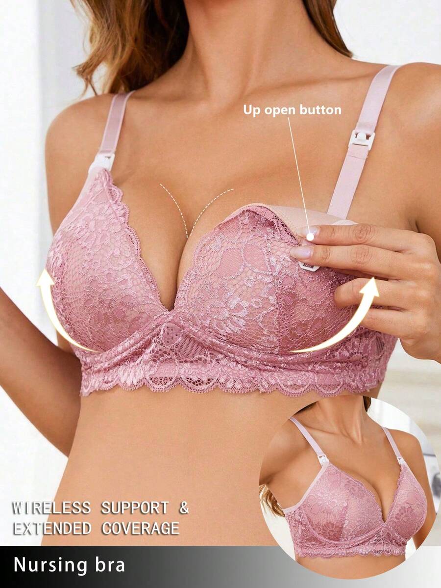孕妇优雅纯色蕾丝纽扣内衣性感哺乳文胸 - 藕粉色 - 查看 1