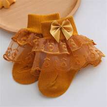 Baby Girls Ruffle Lace Socks, Super Soft Infant Ankle Socks Princess Dress Socks With Bow - Yellow - View 2