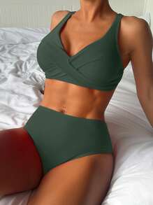 2pcs/Set Women Sexy V-Neck Cross-Front High Waist Solid Green Bikini Swimwear, For Summer Beach Vacation