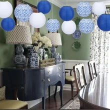 12 Peças Lanternas de Papel com Desenho Tradicional Chinês em Porcelana Azul e Branca, Adequadas para Festivais, Festas e Decoração Doméstica