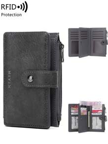 MIYIN Vintage RFID Blocking Multi-Functional Multi-Card Slot Short Wallet, With Zipper And ID Window, Can Hold Credit Cards, Cash, Letters, Suitable For Daily Carry, Vintage Casual Style, Can Hold Coins, Credit Cards, ID, Cash, Letters. Tri-Fold Design, Zipper Wallet, Christmas Gift, Thanksgiving Gift, Birthday Gift, Anniversary Gift, Men's Wallet, Handbag, Long Wallet. - Grey - View 2