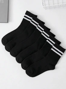 6 Pairs Classic Black Mid-Calf Socks With Double Stripe Design, Suitable For Autumn/Winter - Multicolor - View 5