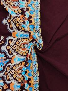 Women's Vintage Floral Print Patchwork V-Neck Long Robe, Elegant Kaftan Robe For Holiday & Casual Wear, Spring/Summer - Burgundy - View 6