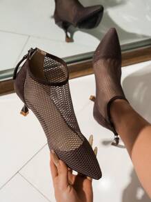 女士时尚夏季踝靴和短靴，尖头，细高跟，后拉链，网眼设计，优雅，性感，适合派对、聚会、夜间外出，搭配迷你裙和连衣裙