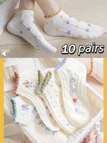 1/10 双女士短袜，隐形袜，白袜，女士袜子，可爱袜子，女孩袜子，采用吸湿排汗线防滑设计，柔软，舒适，透气，可爱蕾丝设计，办公休闲学院风，四季皆可穿。袜子颜色随机 - 彩色 - 查看 12