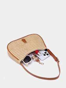 1pc Vintage Minimalist Crescent Shaped Adjustable Strap Crossbody Bag, Suitable For Dates, Outings, Parties - Beige - View 4