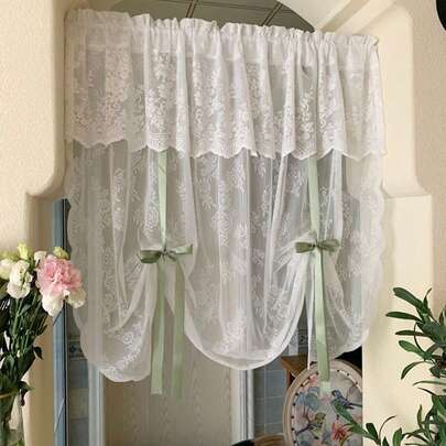 1 件米色刺绣蕾丝菊花帷幔，无需钻孔安装蕾丝窗帘，适用于房间、卧室、厨房、窗台，适合公主风格的房间