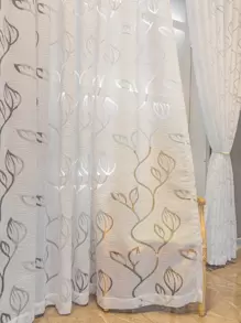 1 件镂空树叶图案薄纱窗帘，灰色、白色、卡其色、红色，半遮光，轻质薄纱窗帘，适用于客厅、卧室、家居装饰 - 白色 - 查看 3