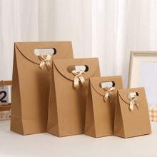 5pcs Handle Bags, Flap-Top Kraft Paper Bags, Clothing Bags, Solid Color Gift Bags, Packaging Bags, Bow Handle Bags, Bakery Packaging Boxes, Snack Bags - Multicolor - View 2