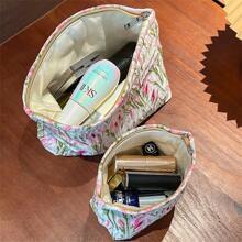 1pc Pink Tulip Pattern Makeup Bag, Large Capacity Skincare Storage Cosmetic Organizer Pouch For Women