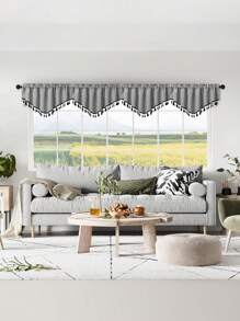 1pc V-Shaped Valance With Black Tassels, Japanese Minimalistic Style Faux Linen Voile Curtain Panel, Suitable For Living Room, Bedroom, Kitchen Windows And Doors, Room Divider