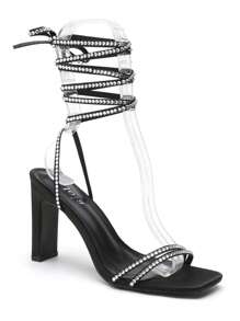 Modische Sommersandalen für Frauen mit Strass-Dekor und Schnürung, Stilvolle High Heel Sandalen - Schwarz - Übersicht 2