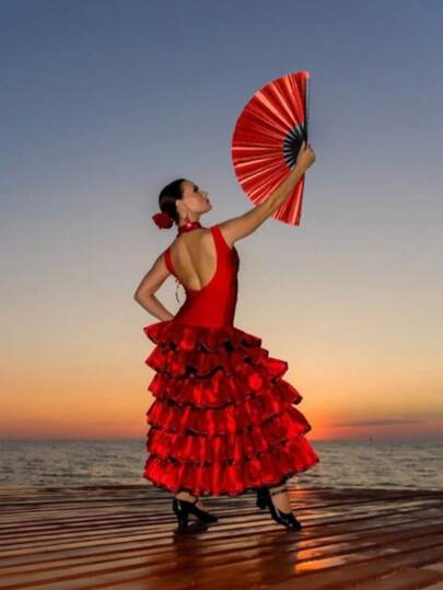 1把大型弗拉明戈手扇，竹制折叠扇，色彩鲜艳，文艺复兴巡演手扇，拍击声手扇，大型音乐会手扇，适用于派对、节日、万圣节、舞蹈、装饰（红色）