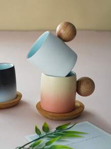 迷你渐变色陶瓷茶杯配木柄和杯垫套装，手工创意茶杯，北欧风格办公室咖啡杯礼盒 - 杯碟套裝 - 查看 8