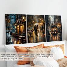 3pcs/Set Unframe Cafe After The Rain, A Couple Walking In The Rain, Old Tram On The Streets Of London At Night Black And White Canvas Print Artwork, Can Be Decorated In The Living Room, Bedroom, Office, Posters, Wall Art, Room Decoration Stuff,Modern, Travel,Botanical Gifts Birthday Graduation
