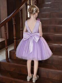 Vestido morado corto para niña preadolescente, vestido de fiesta mini con decoración de lazo y falda esponjosa de tul para cumpleaños y ocasiones especiales - Morado - Ver 6