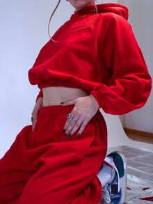 Women's Casual Fleece Set, Composed Of Loose Crop Sweatshirt With Drop Shoulder Lined Hooded And Solid Color Sweatpants, Set