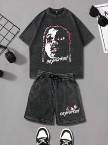 Moda Vintage Masculina Retrato e Estampa de Carta Confortável Lavagem Camiseta e Shorts Conjunto de 2 peças, Verão - Preto - Ver 1