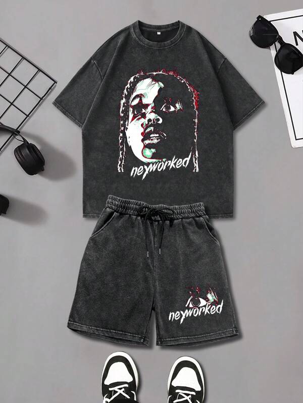 Moda Vintage Masculina Retrato e Estampa de Carta Confortável Lavagem Camiseta e Shorts Conjunto de 2 peças, Verão
