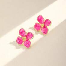 1 Pair Colorful Drip Painting 4-Petal Flower Earrings For Women, Versatile Simple & Cute, Suitable For Daily Wear, Gift For Holiday - Hot Pink - View 4