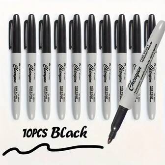 5/10pcs Waterproof Permanent Fine Tip Black Marker Pens, 1mm - Ideal For School Supplies, Office And Gift Wrapping | Stylish Design With "Black" Label