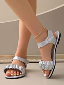 Women's Square Toe Elastic Rhinestone Embellished Flat Soft Bottom Slip-On Sandals, Versatile Summer Slippers, Non-Slip - Silver - View 7