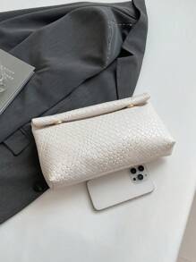 Fashionable Solid Color Handbag, PU Material Large Capacity Flap Magnetic Closure Square Bag, Crocodile Pattern Women's Purse, Multipurpose Party Evening Bag, Suitable For Women Travel And Shopping - White - View 5