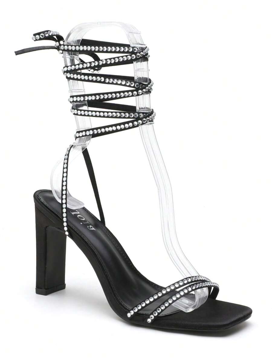 Modische Sommersandalen für Frauen mit Strass-Dekor und Schnürung, Stilvolle High Heel Sandalen - Schwarz - Übersicht 1