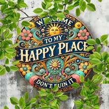 1pc 8*8in "Welcome To My Happy Place" Round Metal Sign - Vibrant, Colorful Floral Design, Durable Iron Wall Decor, Suitable For Bedroom, Kitchen, Dining Room And Bar - Easy To Hang, Perfect Home Or Office Gift, Home Decor, 2D, Great For Room Decoration, Random Hole Placement