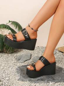 女士时尚系带镂空优雅厚底一脚蹬凉鞋，百搭适合夏季度假、日常、聚会、购物，舒适坡跟鞋 - 黑色 - 查看 7