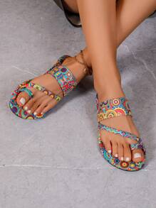 Women's Bohemian Style Sunflower Pattern Hook And Loop Design Flat Sandals, European & Fashion, Casual, Retro, Peep Toe