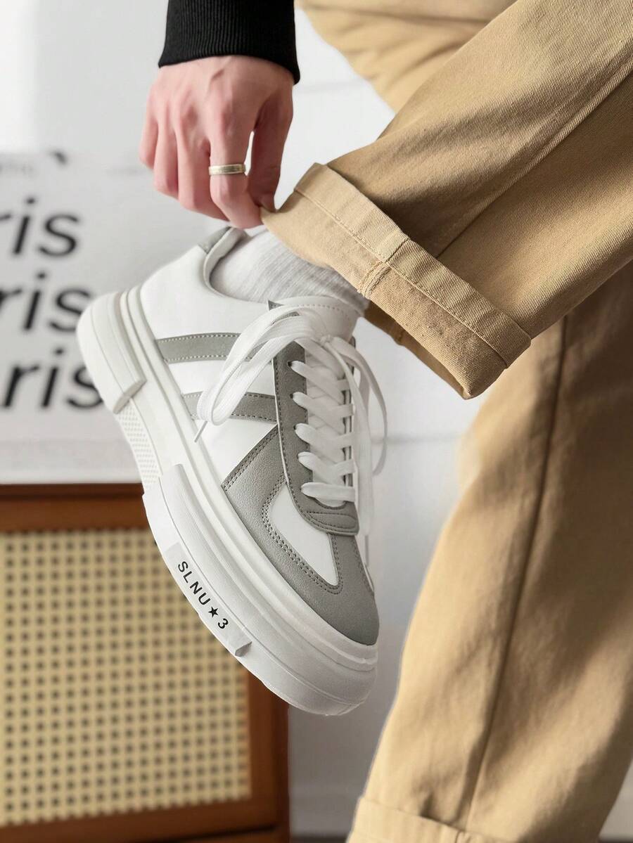 SLnU3 SLnU★3 Brand Men's Fashionable Retro Color Block Skateboard Shoes, Thick Sole Elevator, Casual Shoes, Essential For Japanese Style Men's Outfit, All Season