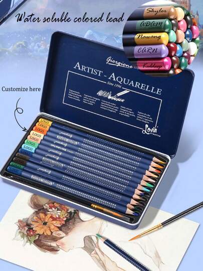 1 Set Customized Water-Soluble Colored Pencils 12/24/36/48 Colors, Vibrant & Soft Colors, Water-Soluble, Iron Box Packaging, Unbreakable, Suitable For Students, Sketching Pencils, Perfect Personalized Gifts With School Name, Logo Or Personal Design Back To School
