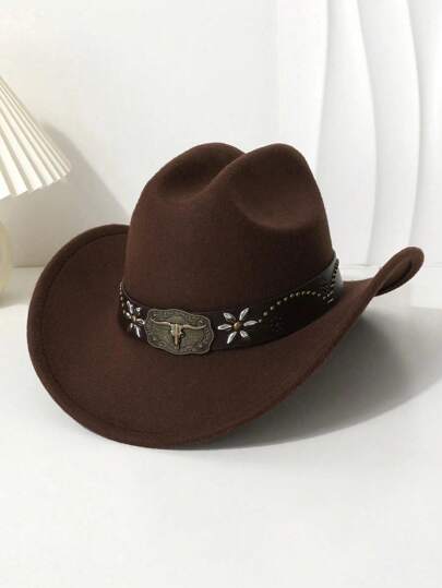 1 pieza Sombrero de vaquero estilo occidental de poliéster para hombres, estilo retro unisex, decorado con girasol y adorno de toro de metal, adecuado para uso casual, fiesta de vaqueros occidentales, talla única, unicolor de fibra de poliéster bohemia (poliéster), remaches