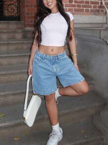 女士纯色百慕大牛仔短裤，简约时尚，适合夏季 - 淺色水洗藍 - 查看 7