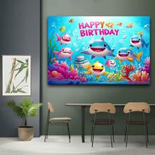 Décor mural thème anniversaire requins océan, design d'créatures sous-marines vives, pour décoration d'anniversaire et événements à thème - multicolore/multicolore) - Voir 7