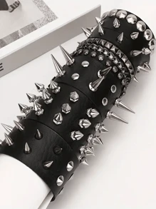 Punk Spiked Studded Bracelets Punk Leather Rivets Bracelet Cuff For Men Women Punk Rock Studded Bracelet Set, Black Leather Rivet Punk Bracelet Cuff Wrap Bangle Snap Button Metal Wristband & Gifts - Black - View 2