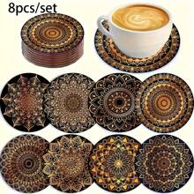 8pcs/Set Gold Mandala Wooden Cup Coasters - Absorbent , Suitable For Coffee, Tea And Beverages | Ideal For Home And Dining Decor | Perfect Graduation Gift - Multicolor - View 1