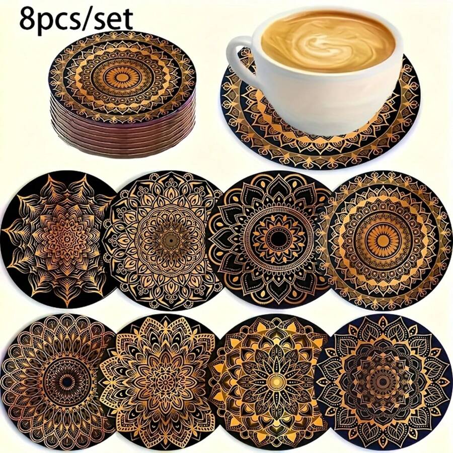 8pcs/Set Gold Mandala Wooden Cup Coasters - Absorbent , Suitable For Coffee, Tea And Beverages | Ideal For Home And Dining Decor | Perfect Graduation Gift - Multicolor - View 1