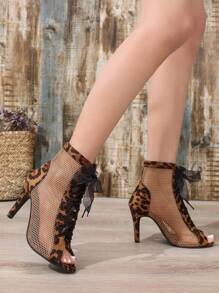 Women's High Heel Strap Sandals, Fashionable Dance Boots, Leopard Print Elegant Ribbon Straps, Mesh Hollow Out Ankle Boots